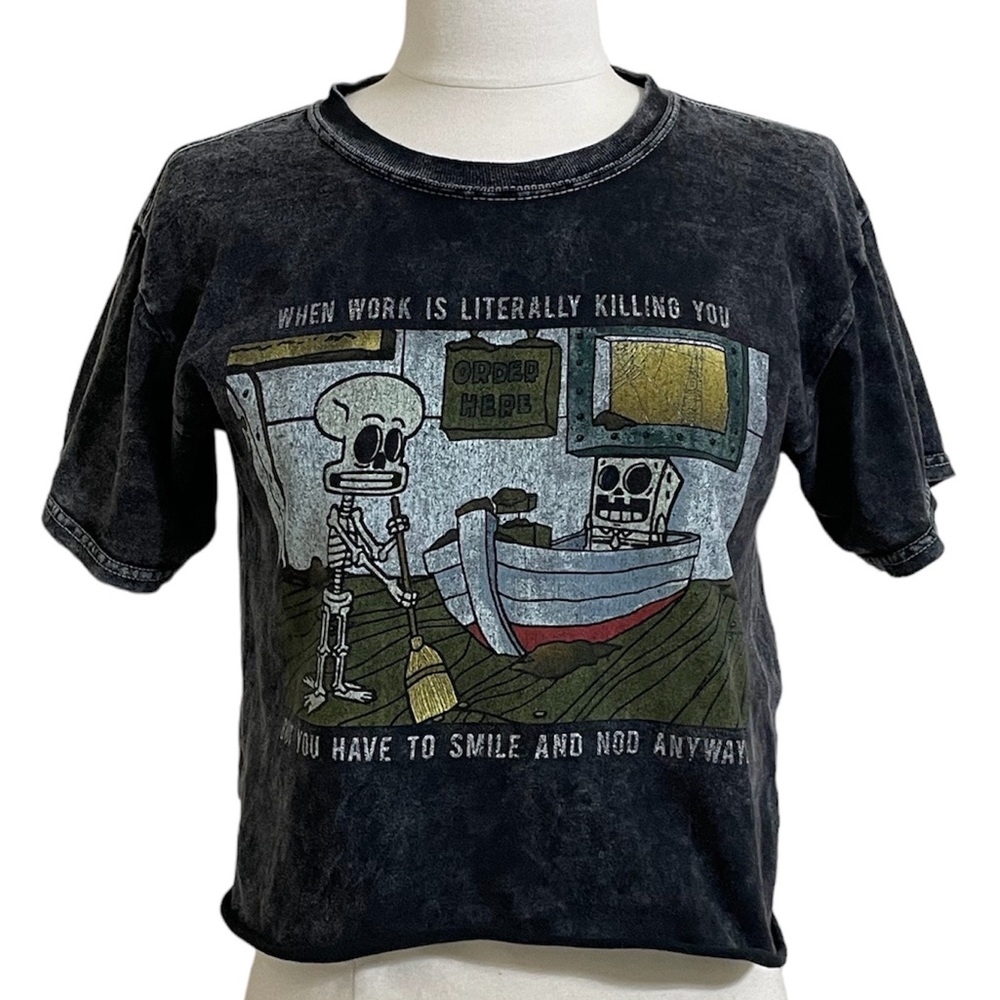 NICKELODEON Sponge Bob Black Distressed Wash Cropped Roll Hem Tee Size XS